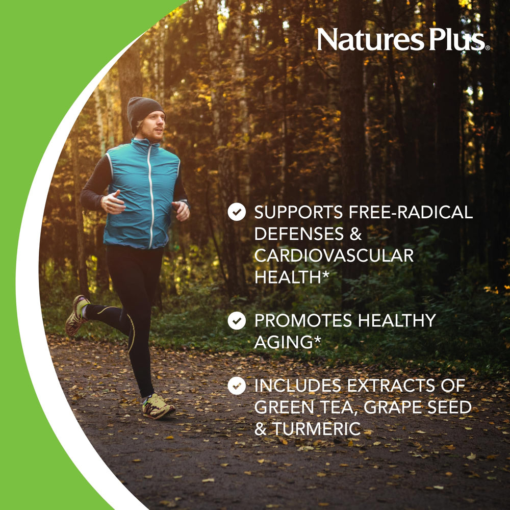 NaturesPlus Resveratrol extended-release tablets in bottle for steady daily support.