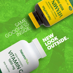 NaturesPlus Vitamin C with Rose Hips closeup highlights rose hips content for natural antioxidant support.