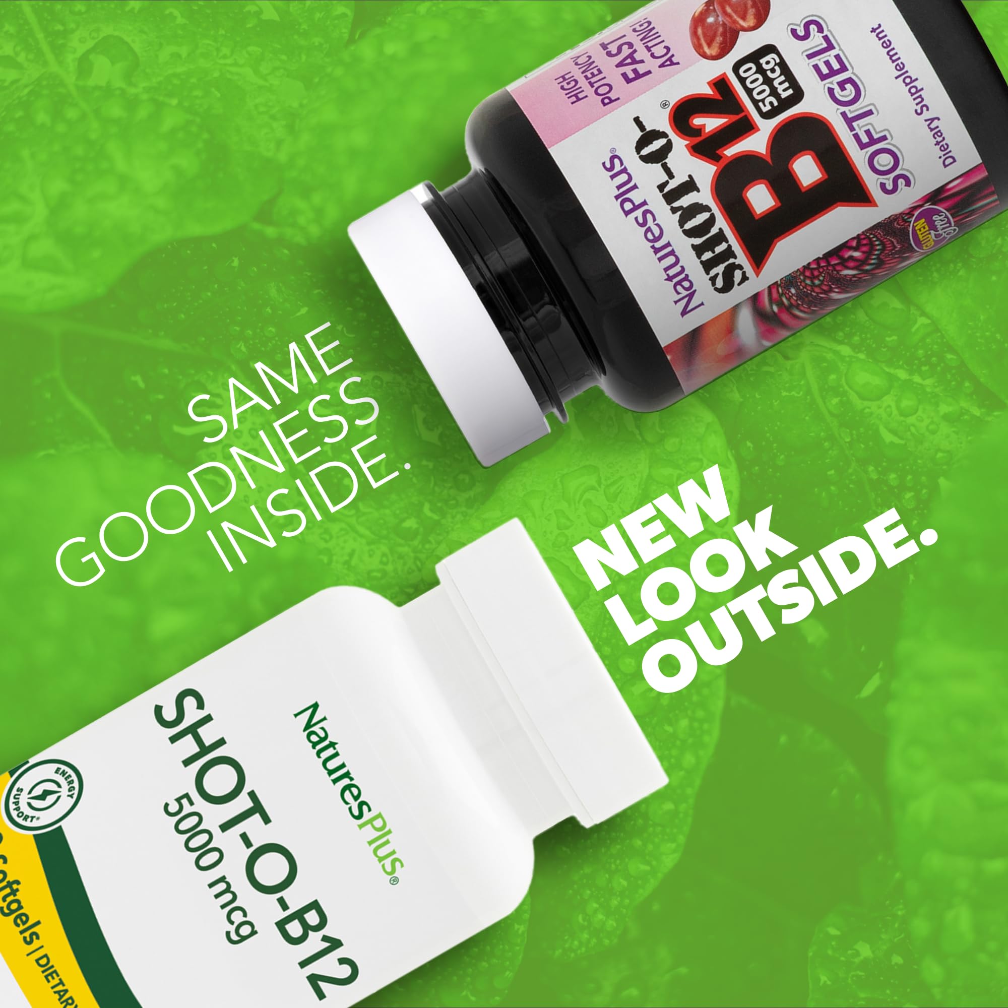 NaturesPlus Shot-O-B12 label closeup emphasizing high potency 5000 mcg.