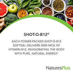 NaturesPlus Shot-O-B12 softgels close view highlighting quick absorption.