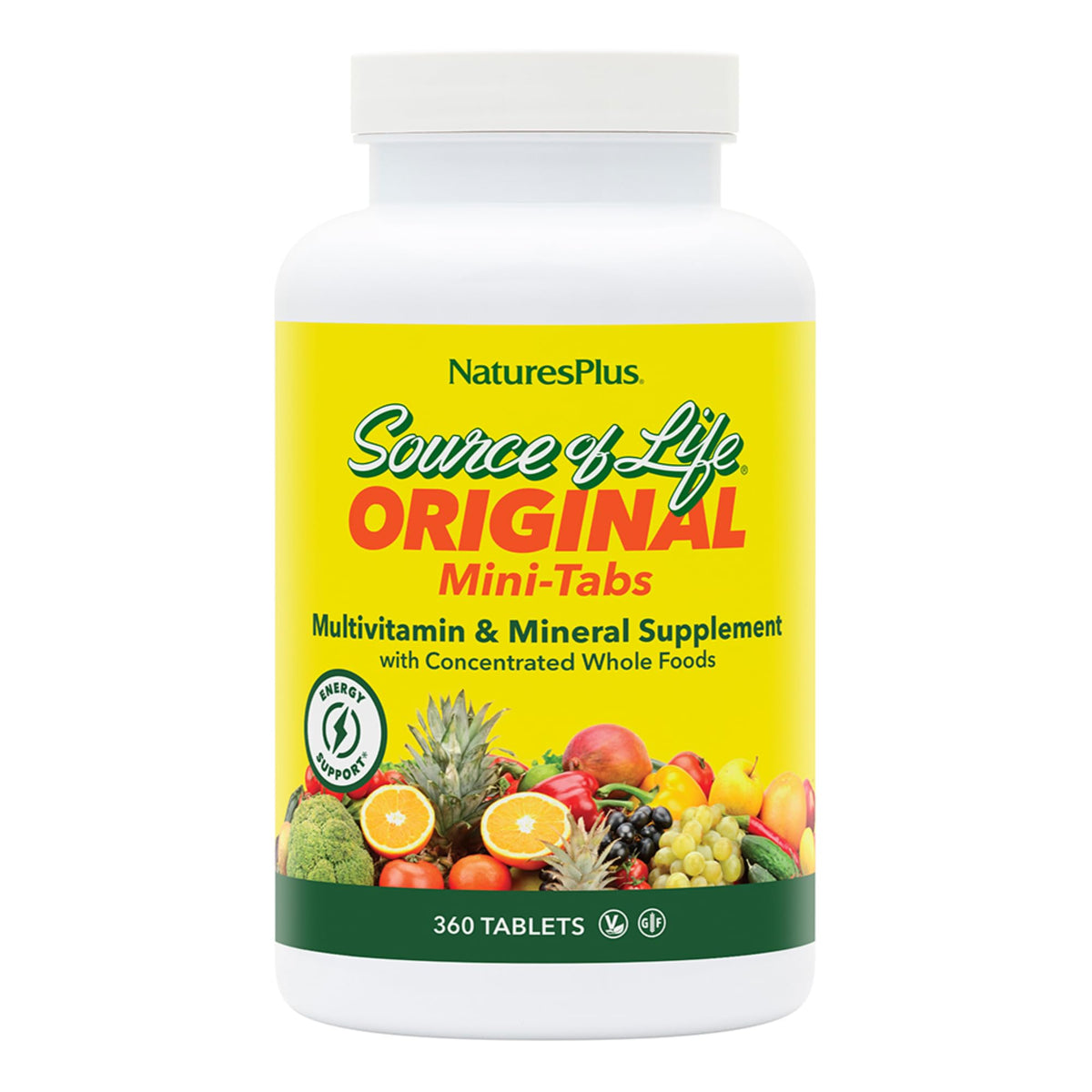 NaturesPlus Source of Life 360 Mini-Tabs bottle front for daily energy support