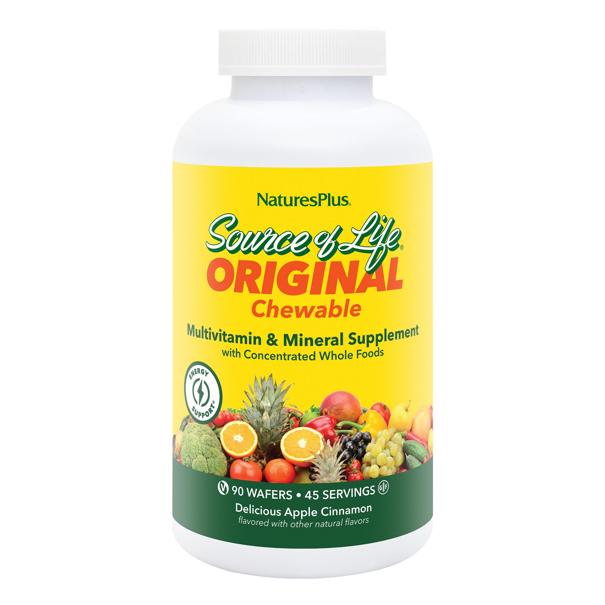 NaturesPlus Source of Life bottle with 90 apple cinnamon wafers for daily immune support.