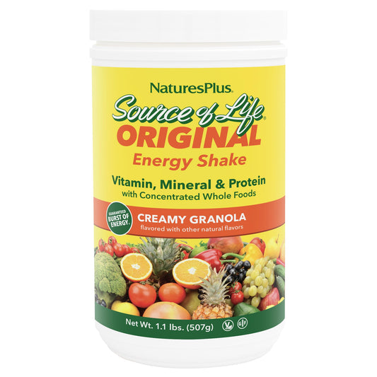 NaturesPlus Source of Life Energy Shake bottle front with creamy granola flavor