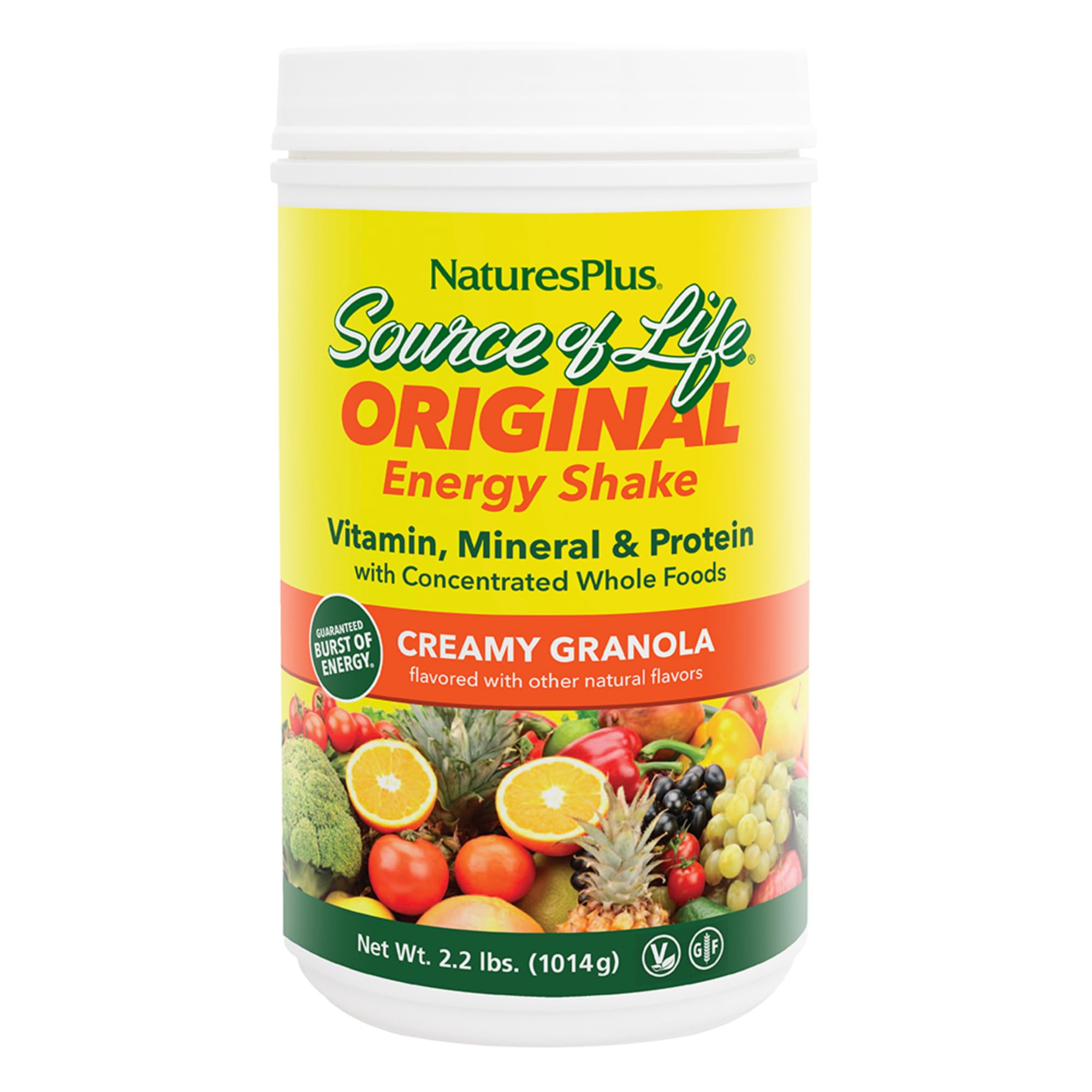 NaturesPlus Source of Life Energy Shake bottle highlights the creamy granola flavor and protein support.