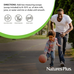 NaturesPlus Source of Life Energy Shake ingredients spoon highlights plant-based protein mix