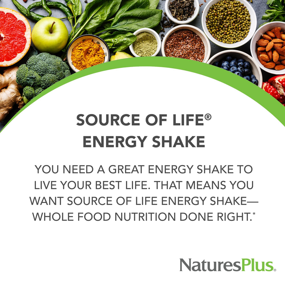 NaturesPlus Source of Life Energy Shake nutrition label highlights 13 g protein