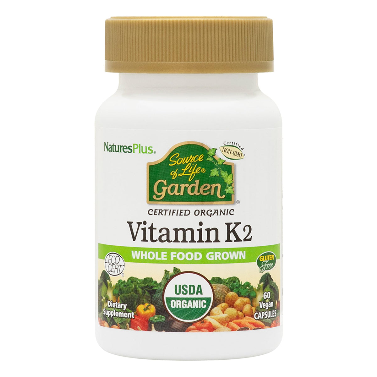 NaturesPlus Source of Life Garden K2 bottle front view for bone support.
