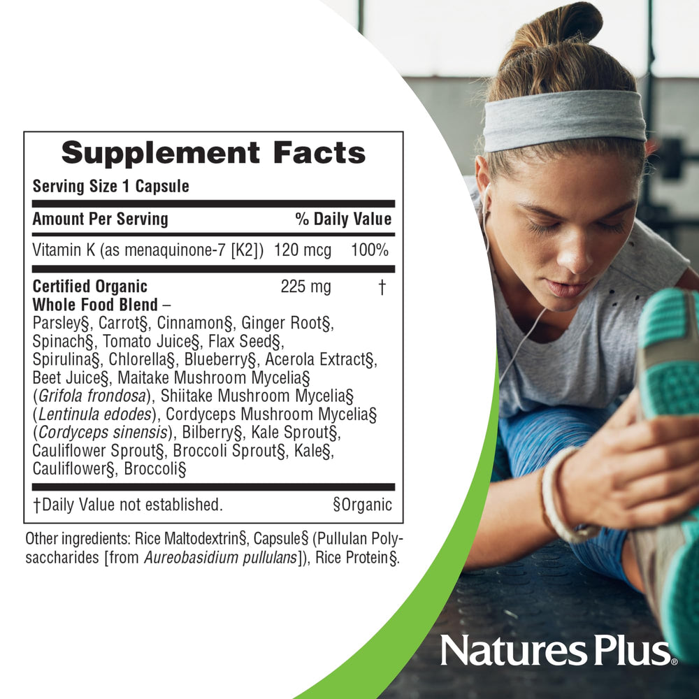 NaturesPlus Source of Life Garden K2 pack image demonstrates 120 servings value.