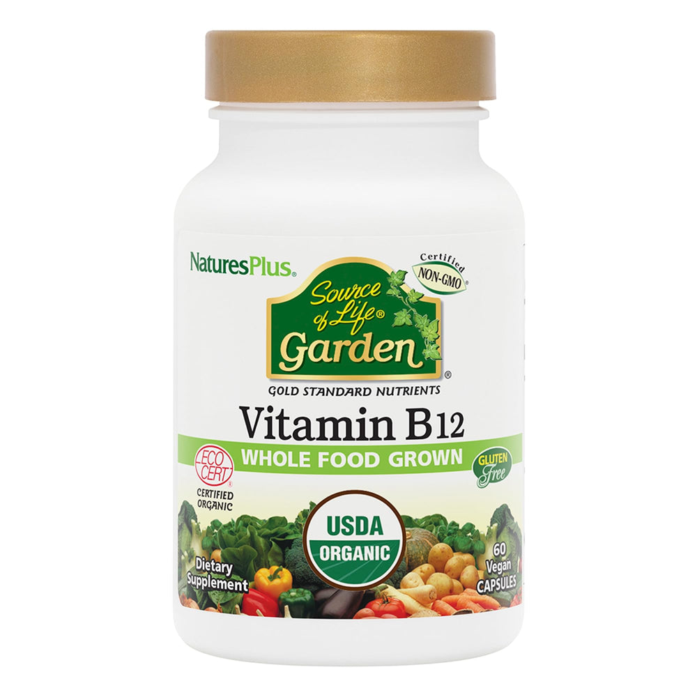 NaturesPlus Source of Life Garden Vitamin B12 bottle label with organic vitamins for daily energy.