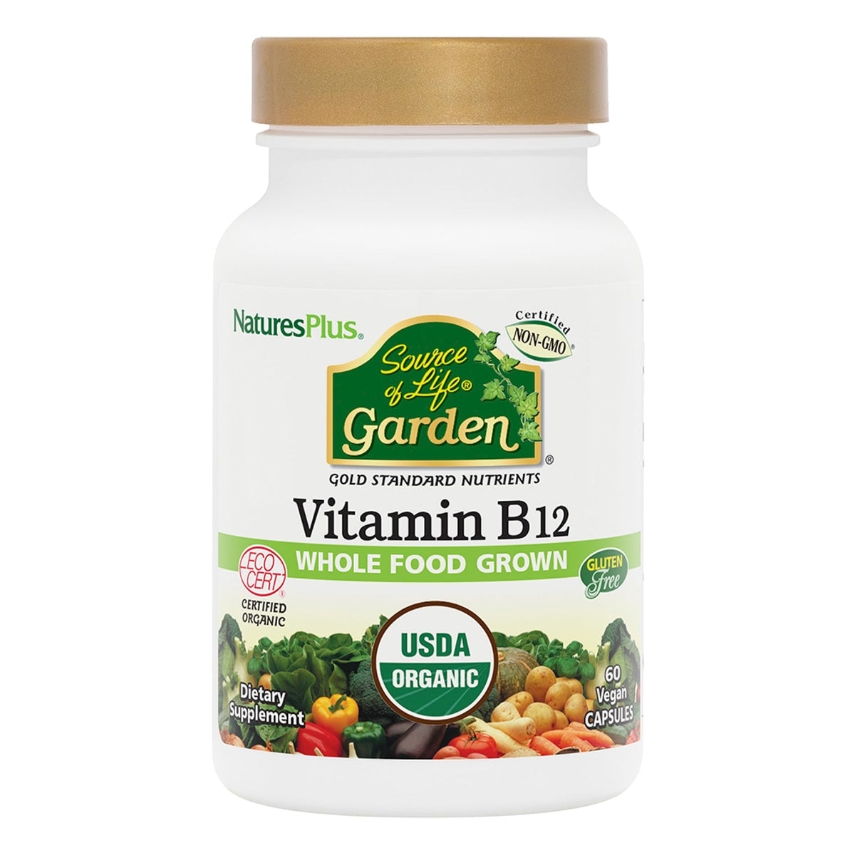NaturesPlus Source of Life Garden Vitamin B12 bottle label with organic vitamins for daily energy.