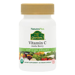 NaturesPlus Source of Life Garden Vitamin C bottle highlighting organic formula for daily use