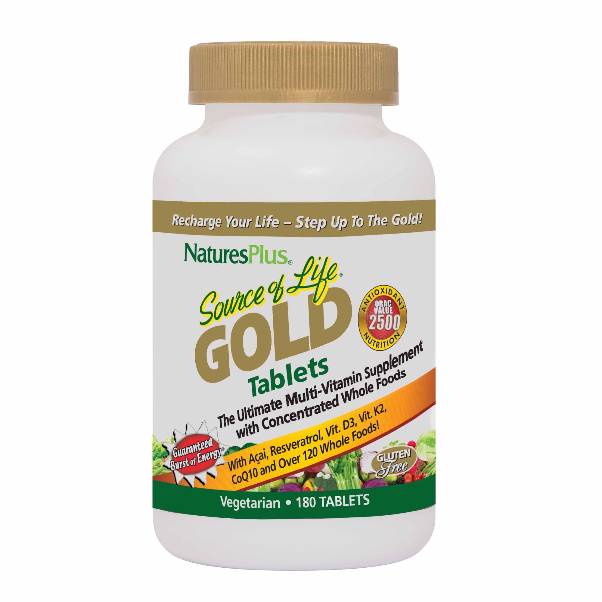 NaturesPlus Source of Life GOLD bottle front view highlighting immune and bone support.