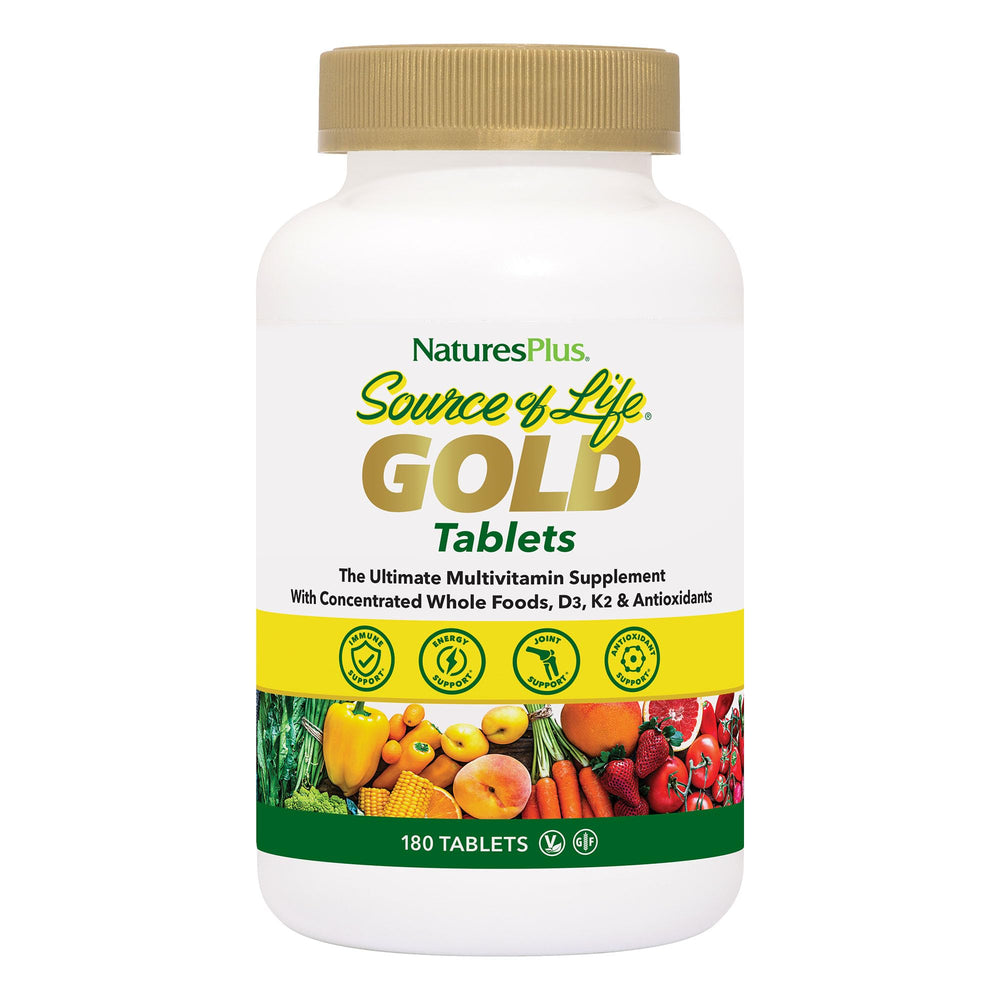 NaturesPlus Source of Life GOLD bottle front demonstrates a comprehensive multivitamin for daily energy.
