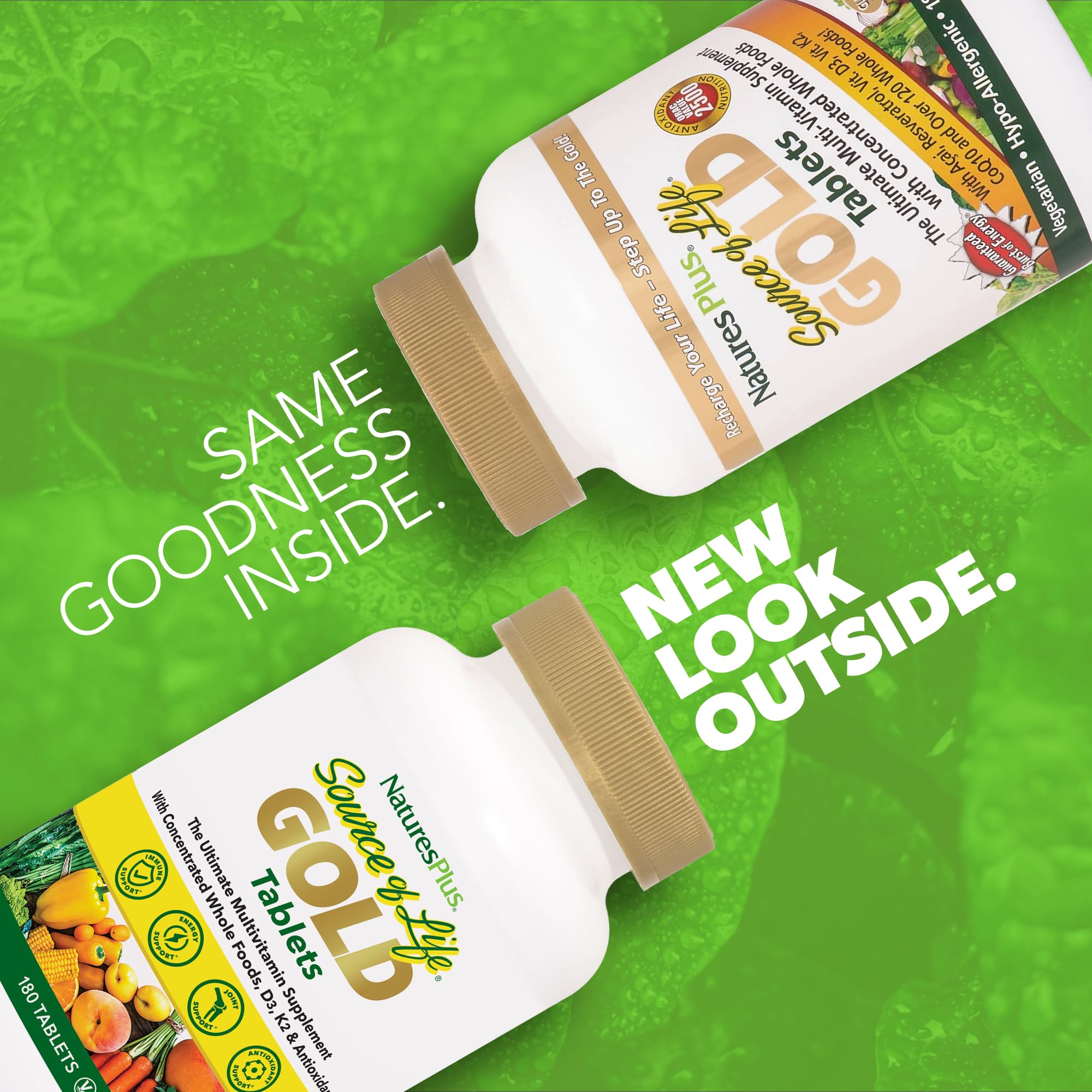 NaturesPlus Source of Life GOLD bottle label close-up highlights vitamins D3, B12 and K2 benefits.
