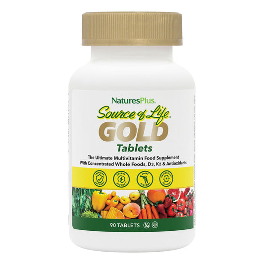 NaturesPlus Source of Life Gold bottle shown for daily energy and immune support.
