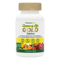NaturesPlus Source of Life Gold bottle shown for daily energy and immune support.