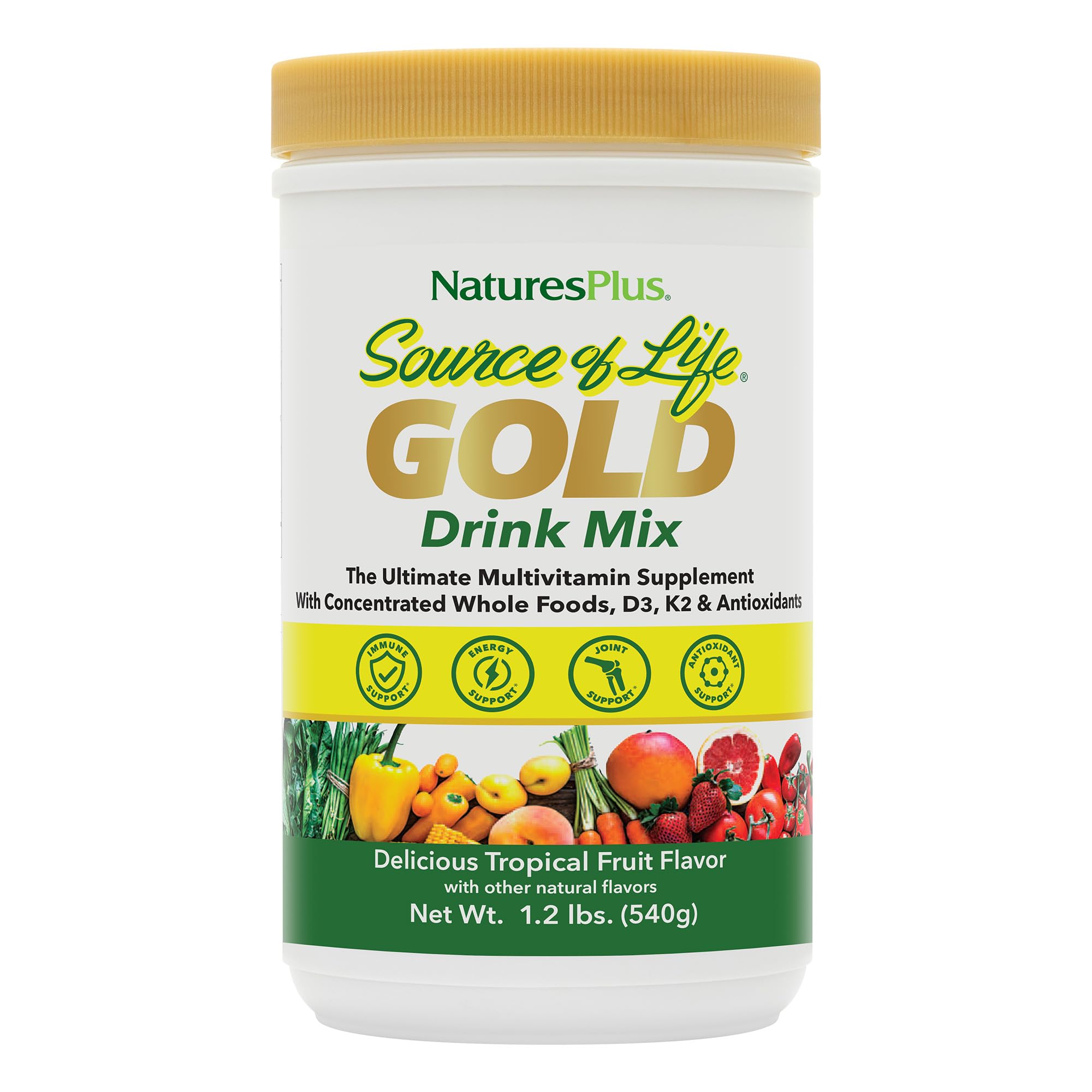 NaturesPlus Source of Life GOLD Drink Mix tropical fruit bottle shows premium nutrition and energy support.