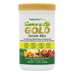 NaturesPlus Source of Life GOLD Drink Mix tropical fruit bottle shows premium nutrition and energy support.