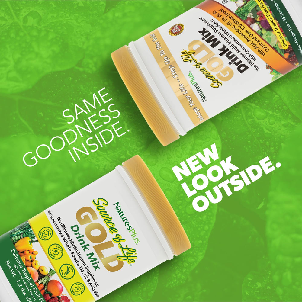 Source of Life GOLD powder with scoop ready for daily nutrition in a glass.