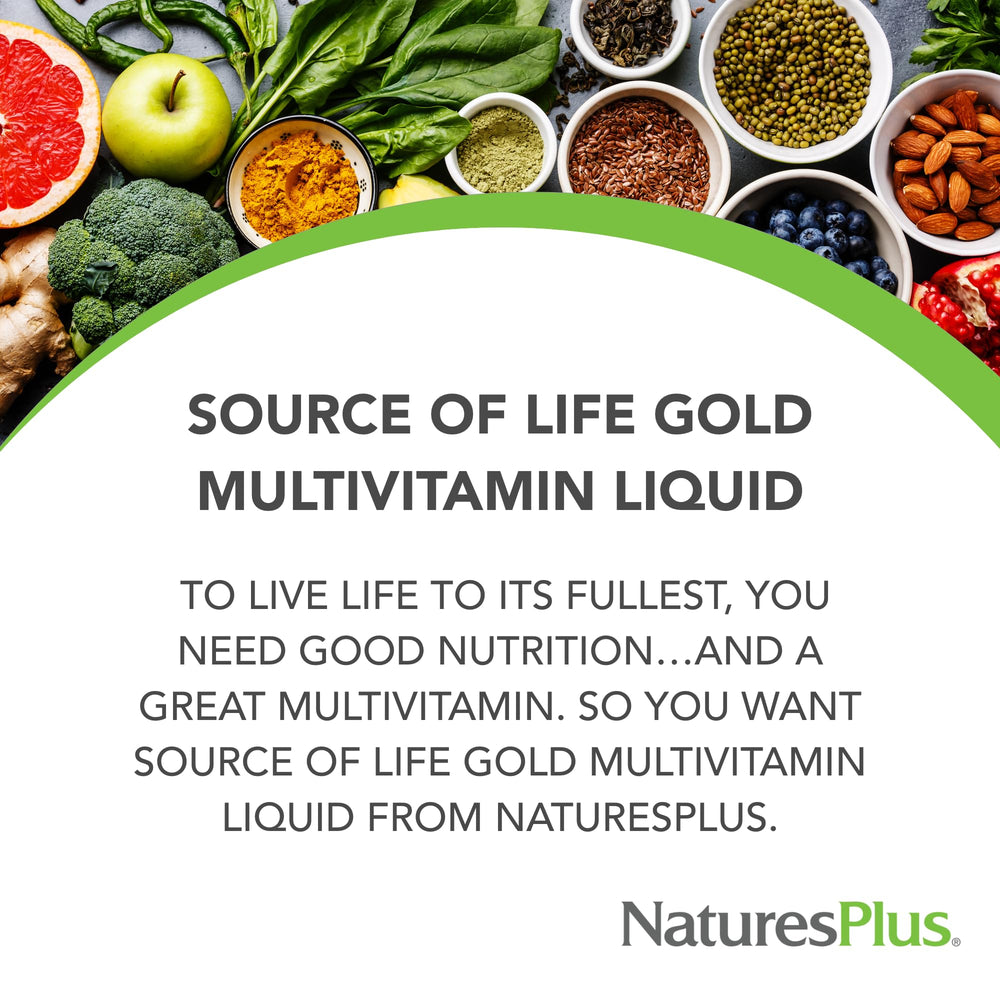 NaturesPlus Source of Life GOLD liquid bottle closeup highlighting rich color and quality.