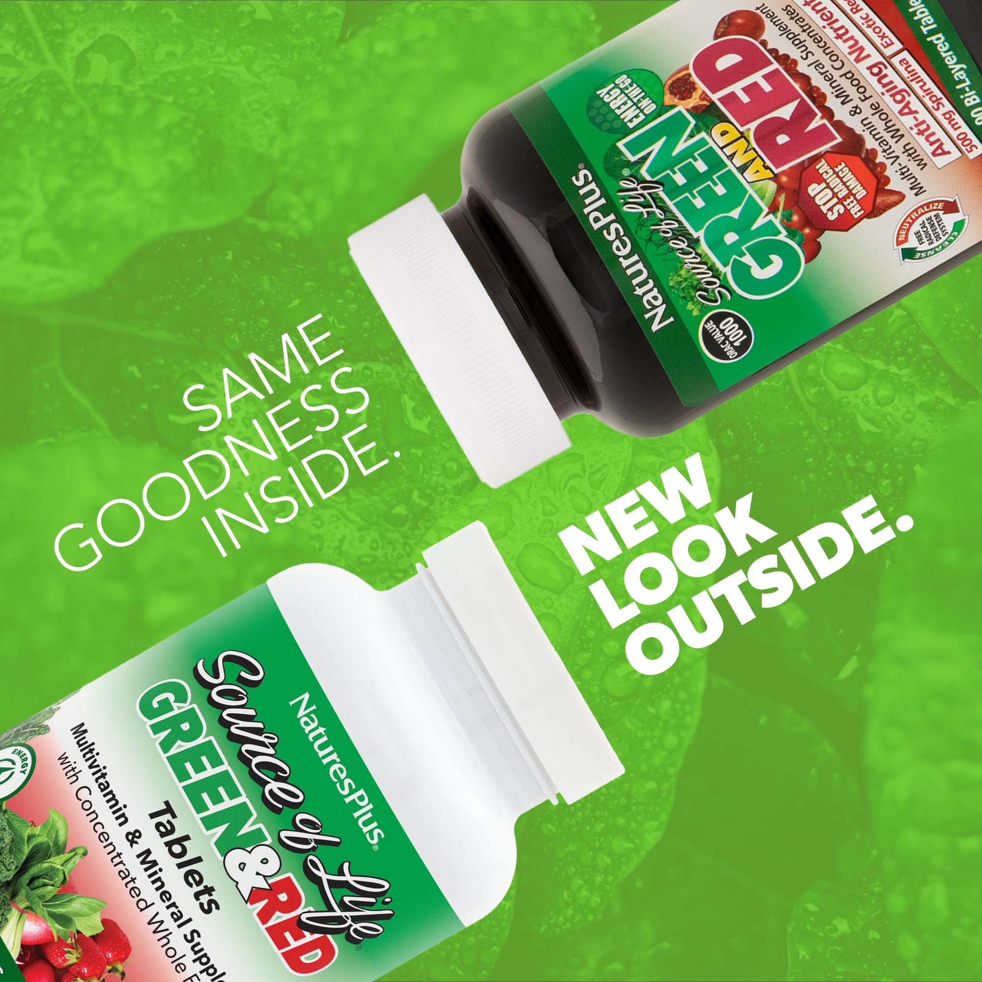 Close-up of Source of Life tablets highlighting green and red blends for energy