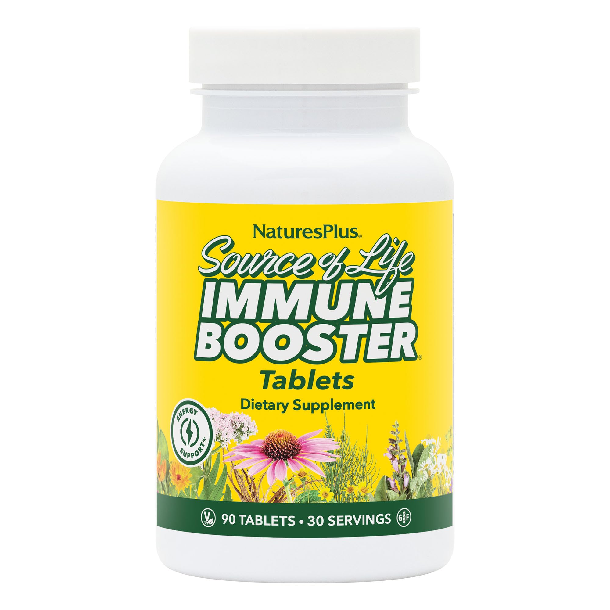 NaturesPlus Source of Life Immune Booster bottle front, gluten-free packaging for daily use