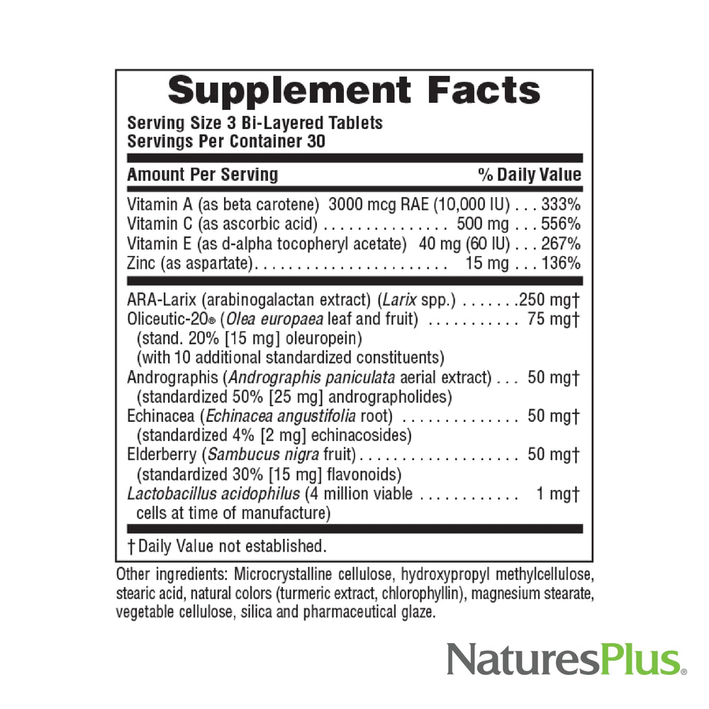 NaturesPlus Source of Life Immune Booster ingredients image shows Elderberry, Echinacea, olive leaf