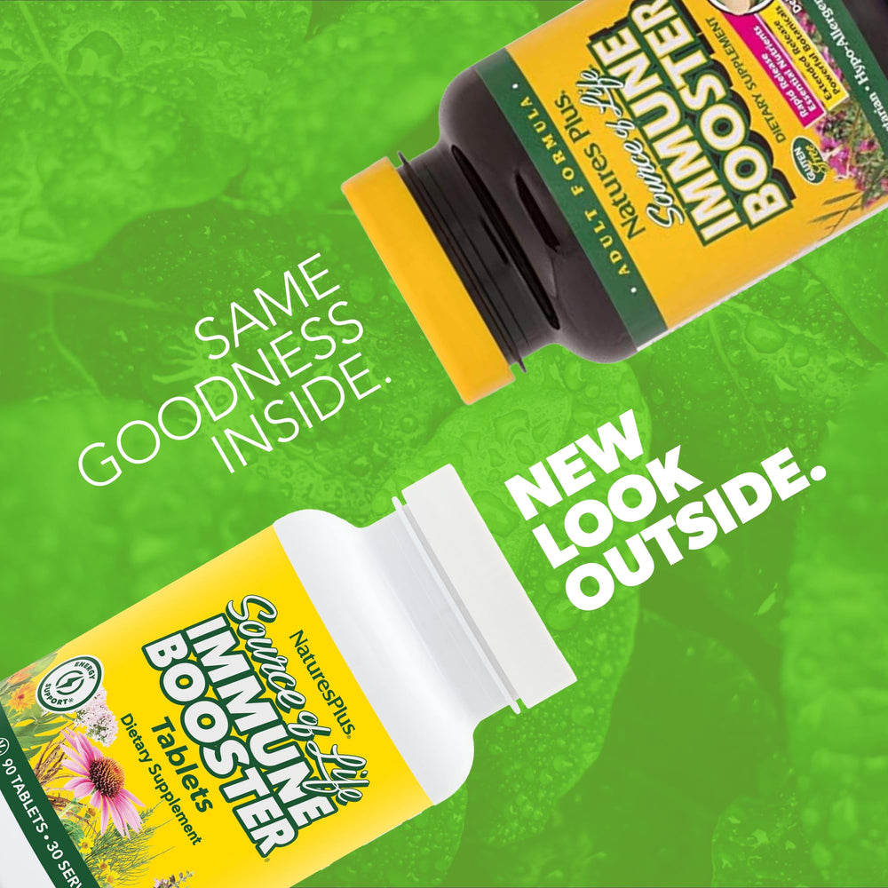 NaturesPlus Source of Life Immune Booster tablets closeup showing smooth texture for easy dosing
