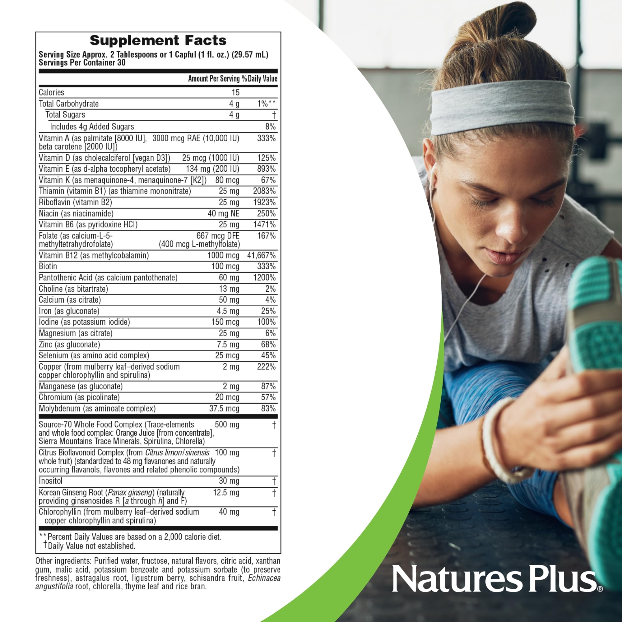 NaturesPlus Source of Life Liquid ingredients panel emphasizing whole-food minerals