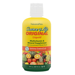 NaturesPlus Source of Life Liquid bottle front view with tropical fruit flavor