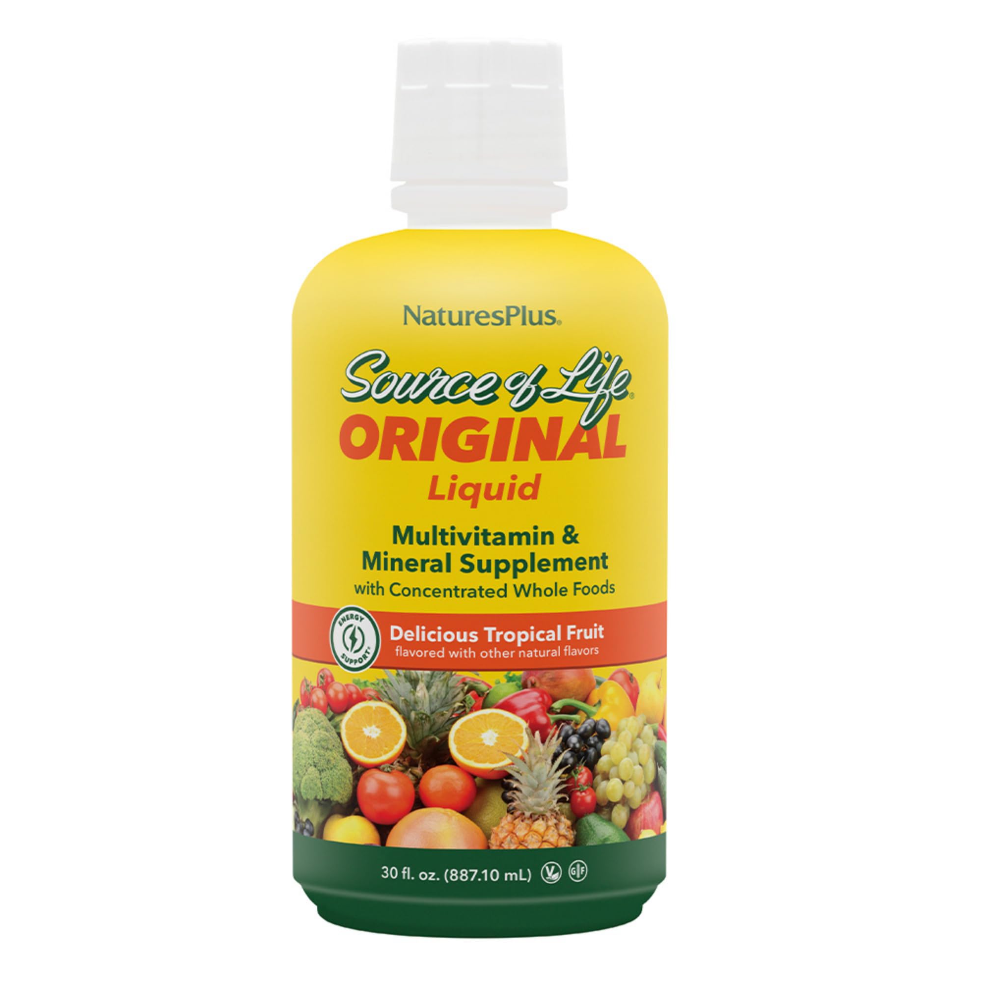 NaturesPlus Source of Life Liquid tropical fruit bottle supports daily wellness.