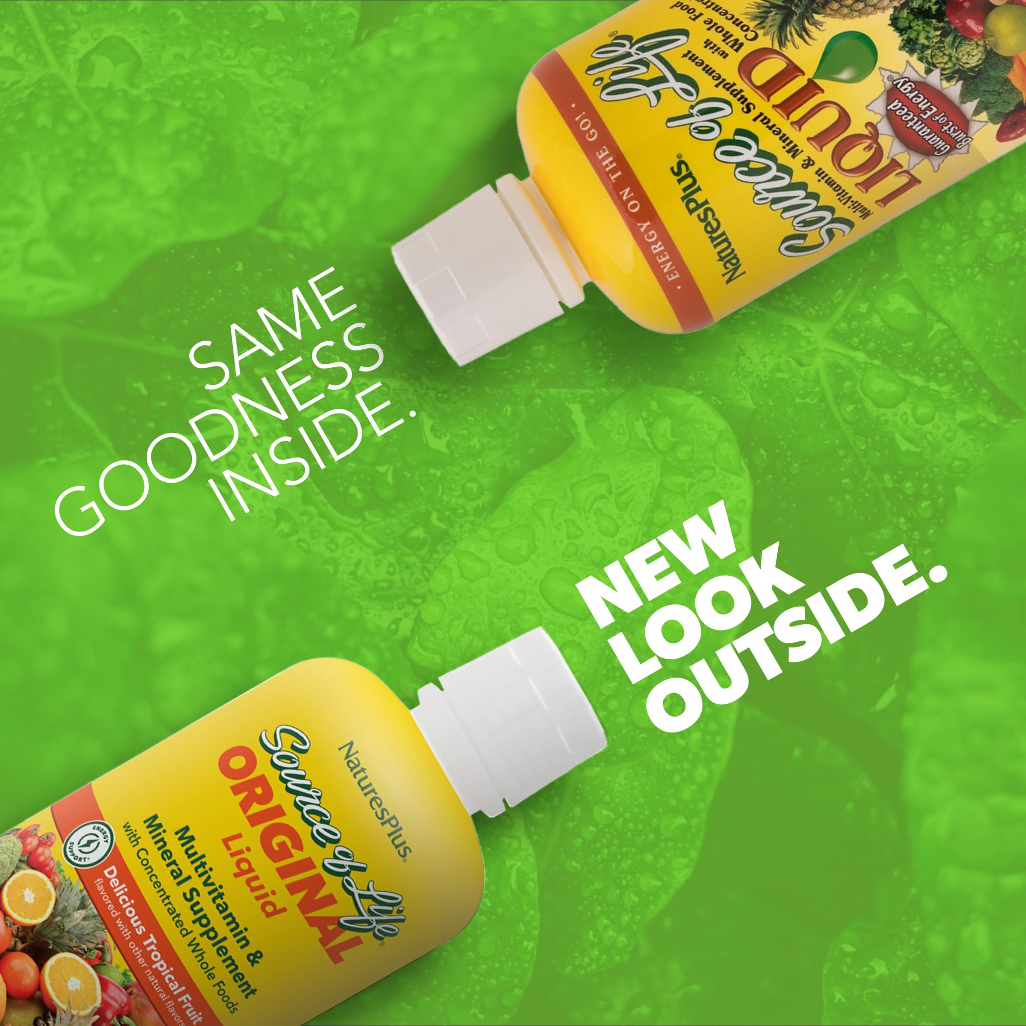 NaturesPlus Source of Life Liquid tropical fruit label close-up highlights flavor and nutrition.