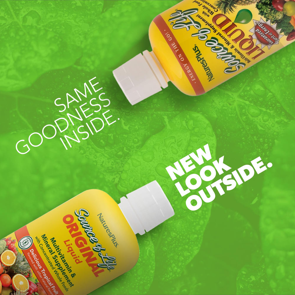 Close-up of label on NaturesPlus Source of Life Liquid tropical fruit, showcasing flavor and nutrition.