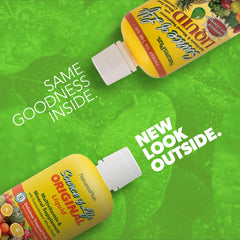 Close-up of label on NaturesPlus Source of Life Liquid tropical fruit, showcasing flavor and nutrition.
