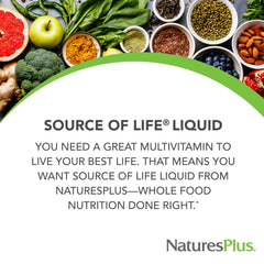 Pour shot of NaturesPlus Source of Life Liquid tropical fruit for easy daily use.