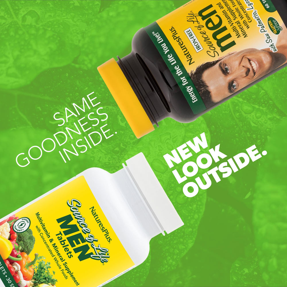 NaturesPlus Source of Life Men bottle back highlights formula benefits and allergen info.