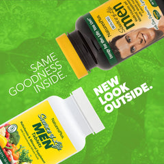 NaturesPlus Source of Life Men bottle back highlights formula benefits and allergen info.