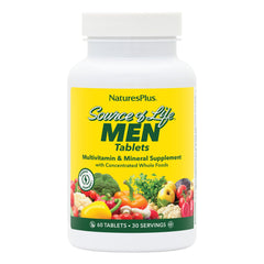 NaturesPlus Source of Life Men bottle front shows iron-free multivitamin for daily vitality.