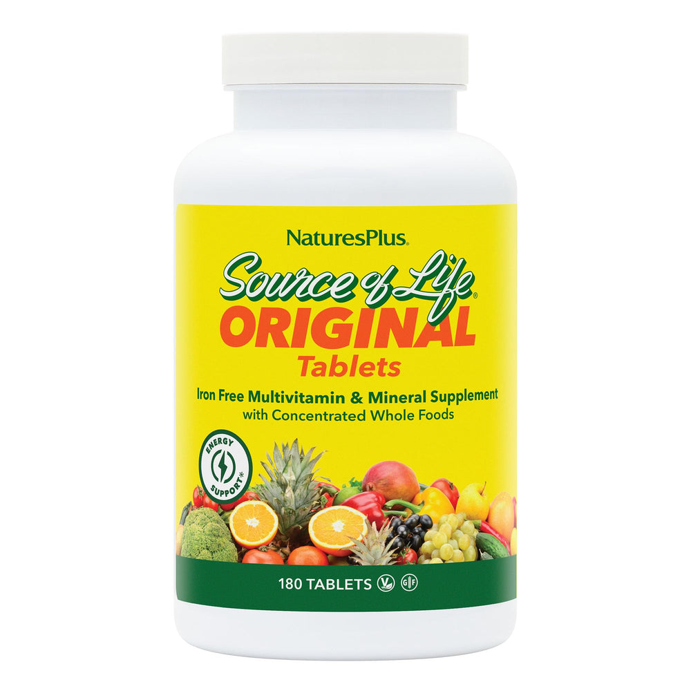 NaturesPlus Source of Life No Iron front bottle showing label and branding for energy support