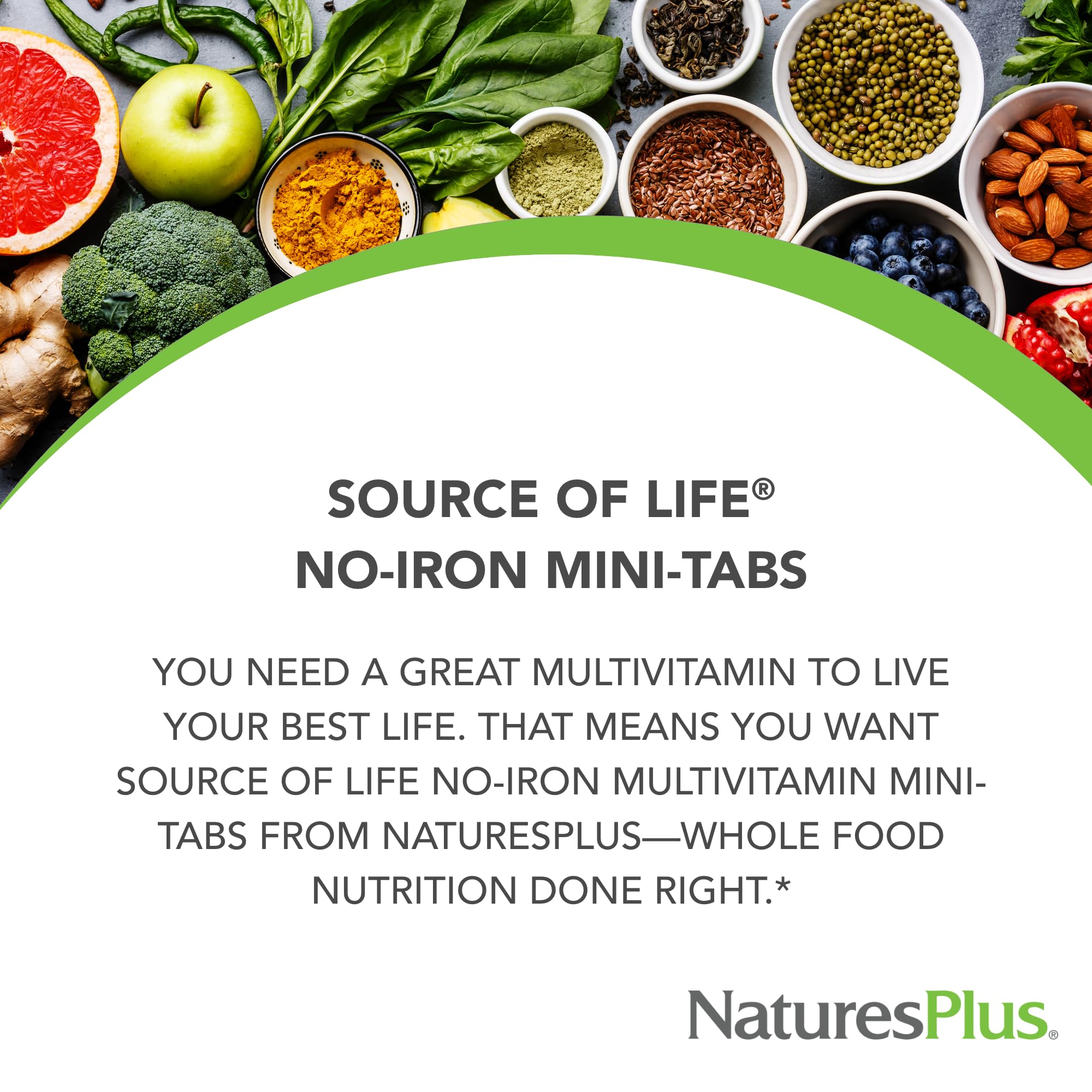NaturesPlus Source of Life No Iron Mini-Tabs label highlighting vegetarian formula.