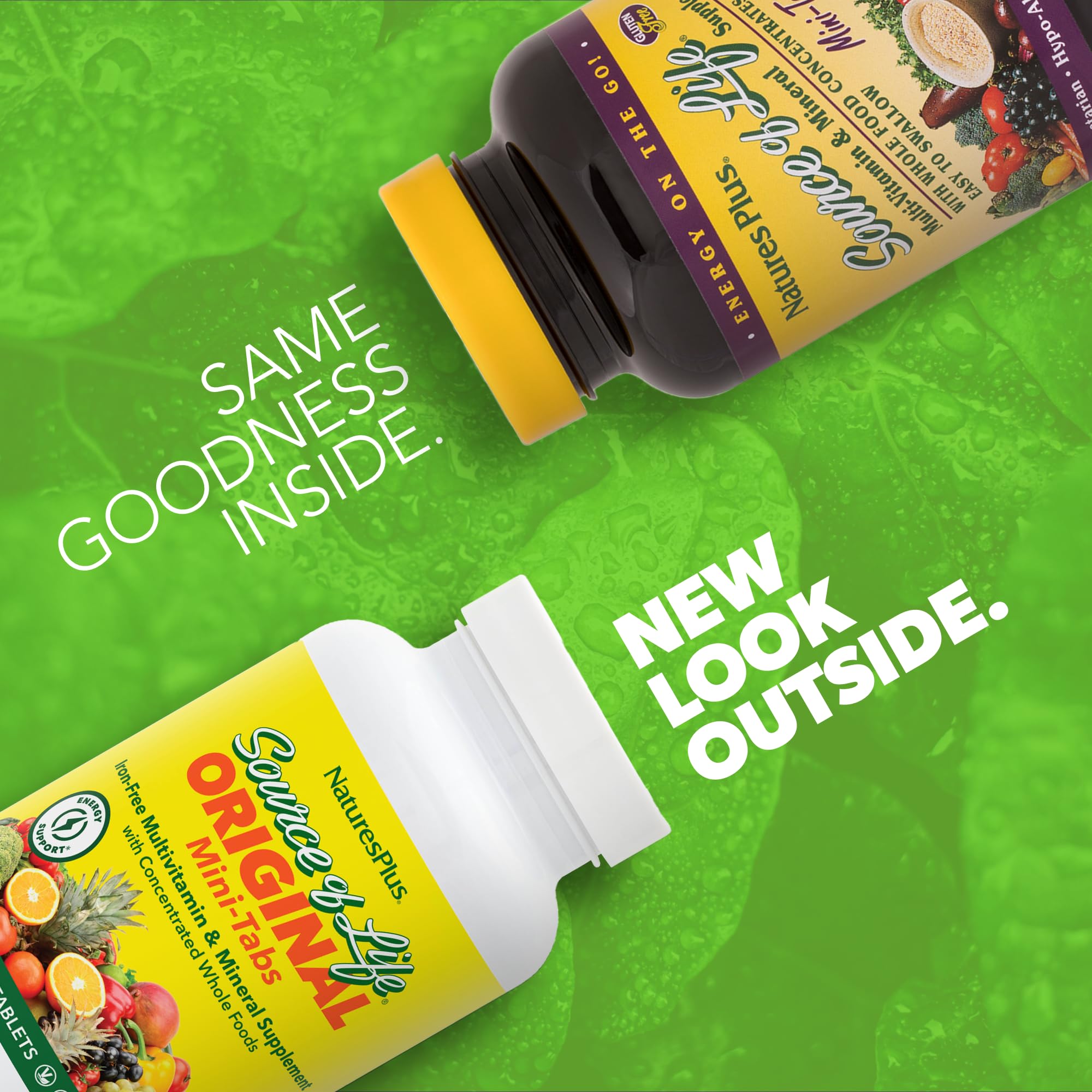 Close-up of NaturesPlus No Iron Mini-Tabs showing compact, easy-to-swallow tablets.