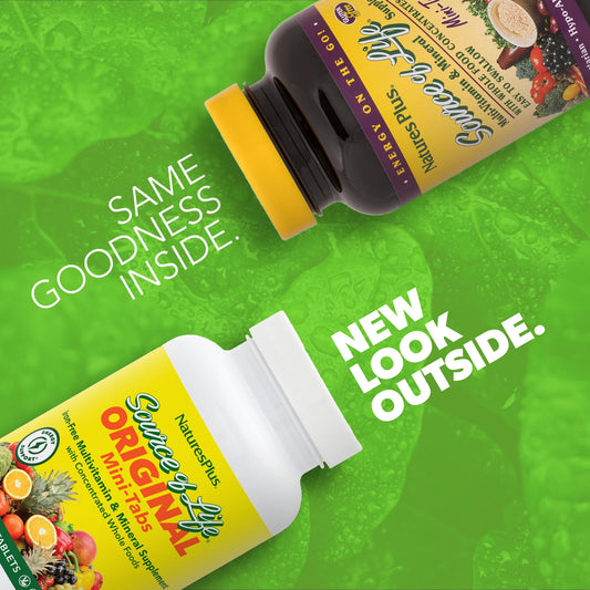 Close-up of NaturesPlus No Iron Mini-Tabs showing compact, easy-to-swallow tablets.