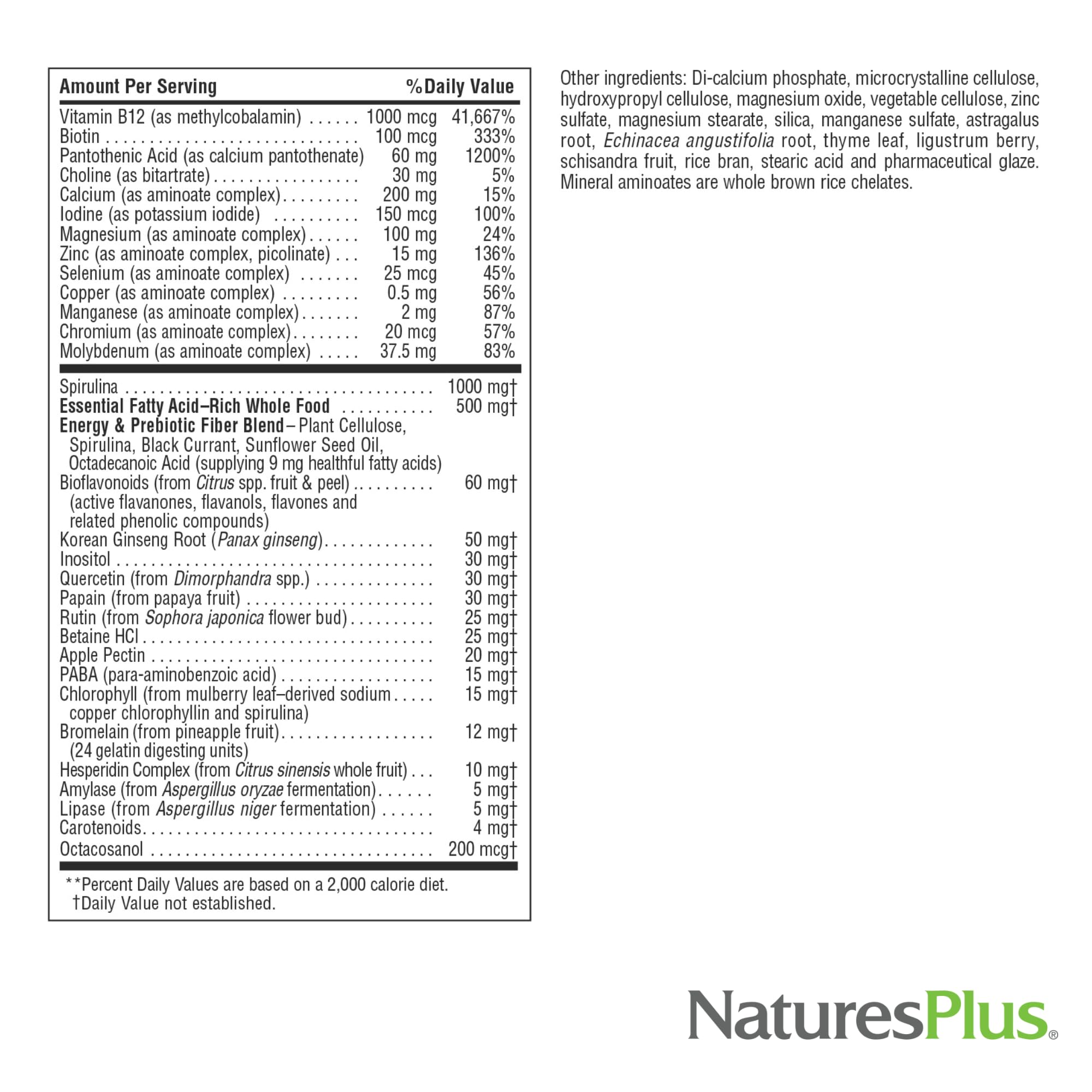 Label highlights vitamin D3 and ginseng in NaturesPlus No Iron Mini-Tabs.