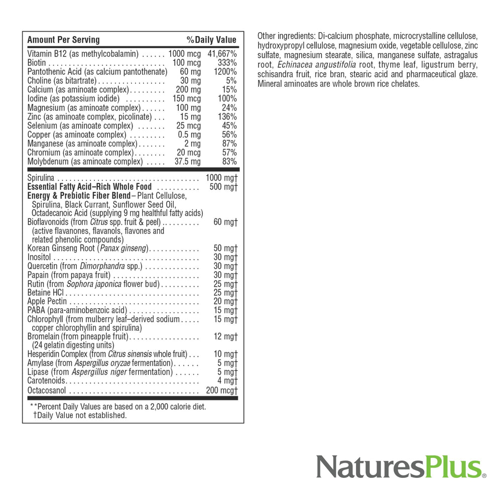 Label highlights vitamin D3 and ginseng in NaturesPlus No Iron Mini-Tabs.