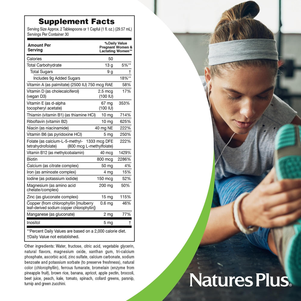 NaturesPlus Prenatal Liquid tropical flavor visual indicates enjoyable daily supplementation.