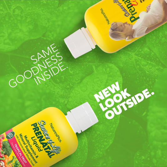 NaturesPlus Prenatal Liquid measuring spoon highlights easy daily dosage.