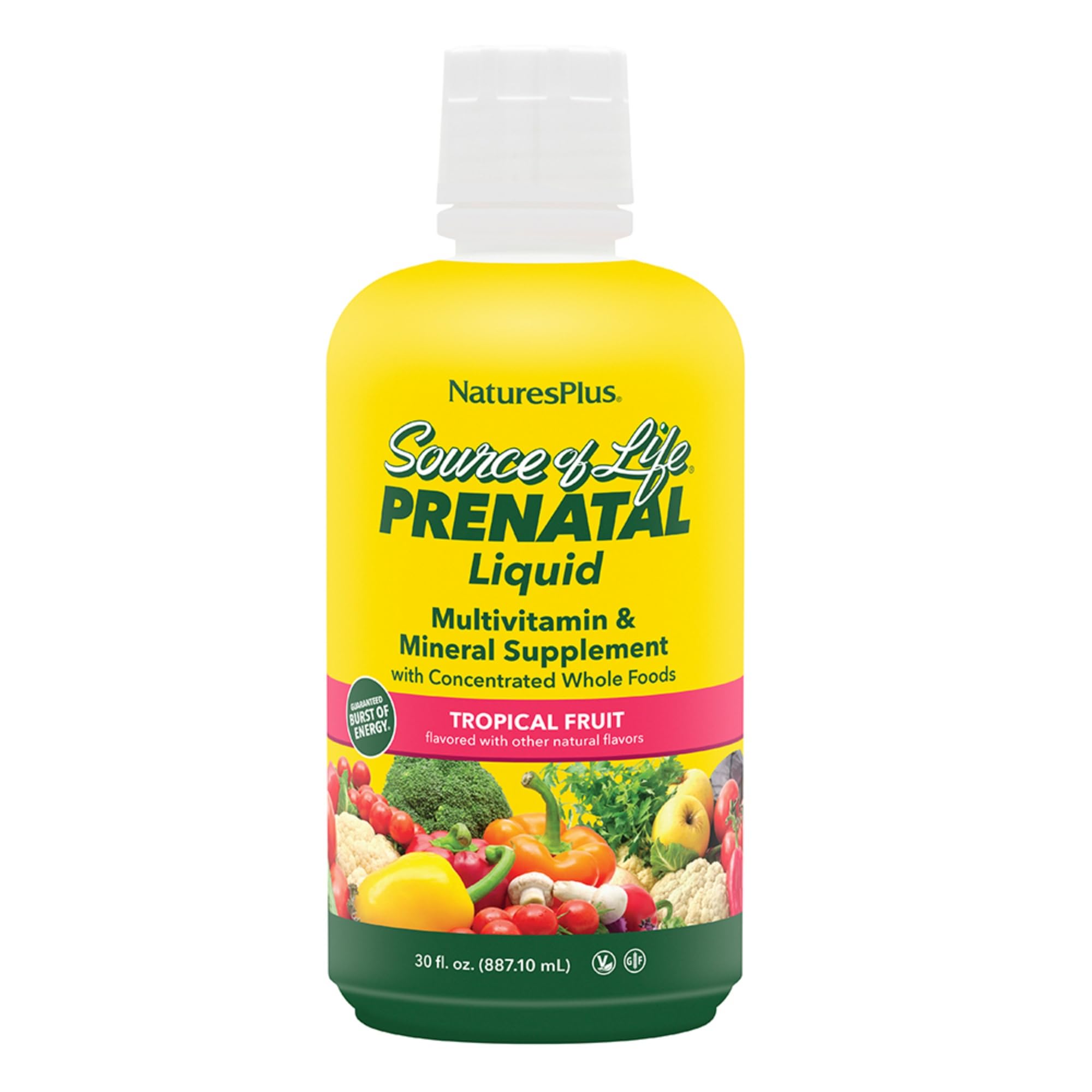 NaturesPlus Source of Life Prenatal Liquid tropical flavor bottle ready for daily prenatal nutrition.