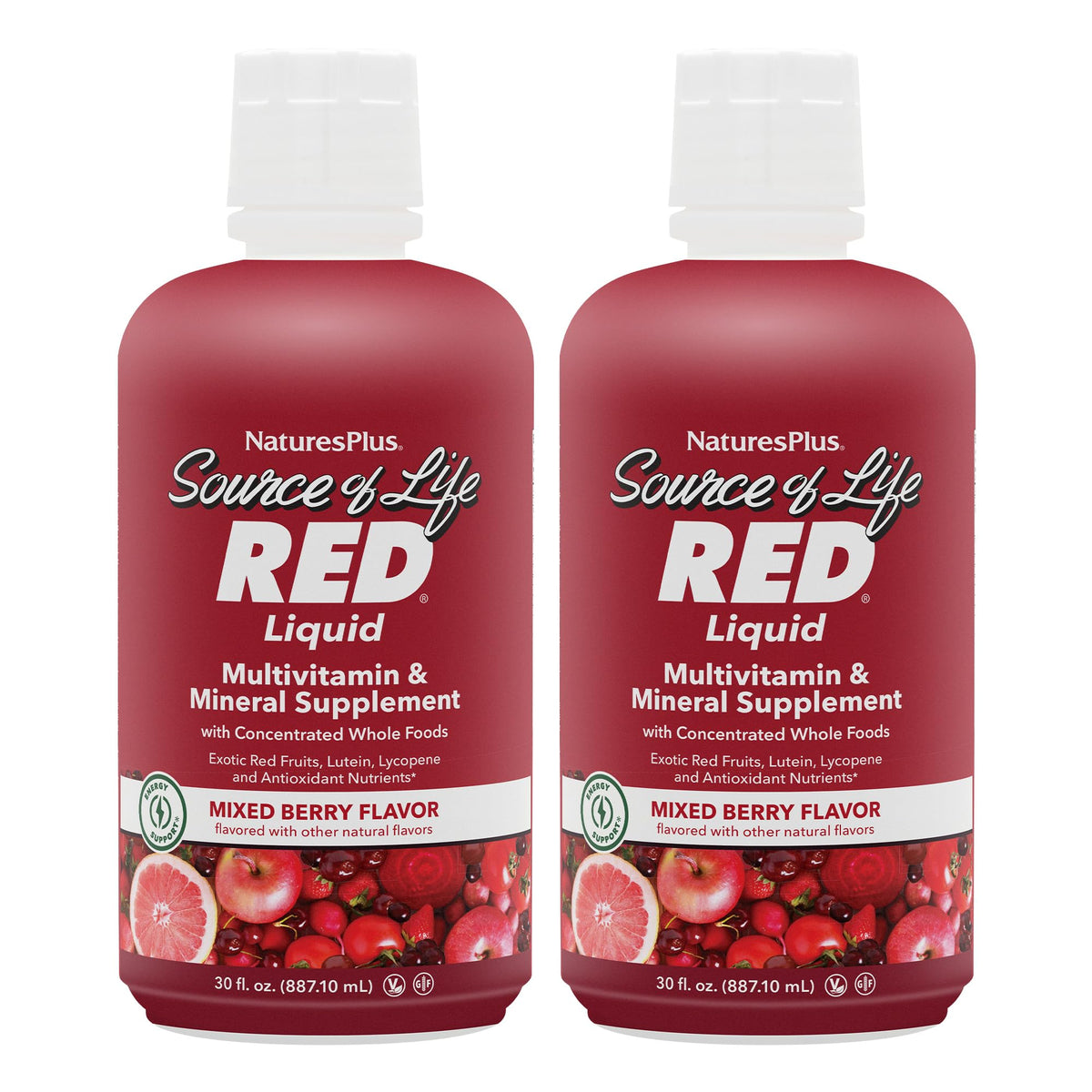 NaturesPlus Source of Life RED liquid bottle for energy support.