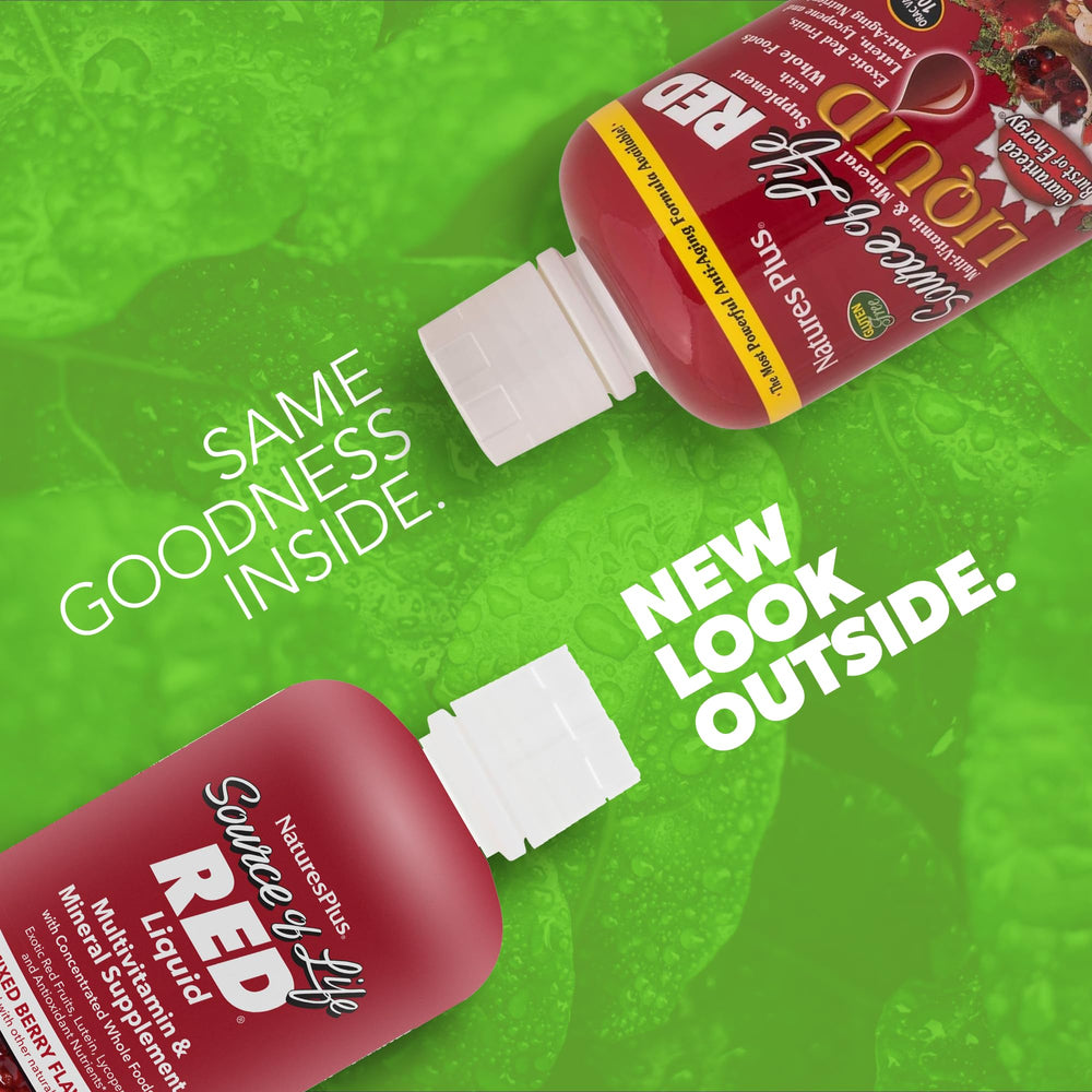 NaturesPlus Source of Life RED liquid being poured for daily use.