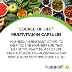 NaturesPlus Source of Life tablets close-up highlighting vegetarian capsules.